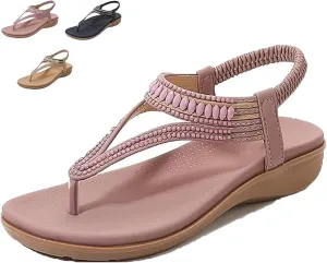 Women's T-Strap Flat Sandals With Sparkling Rhinestones, 2025 Comfortable Arch Support Orthopedic Sandals for Women