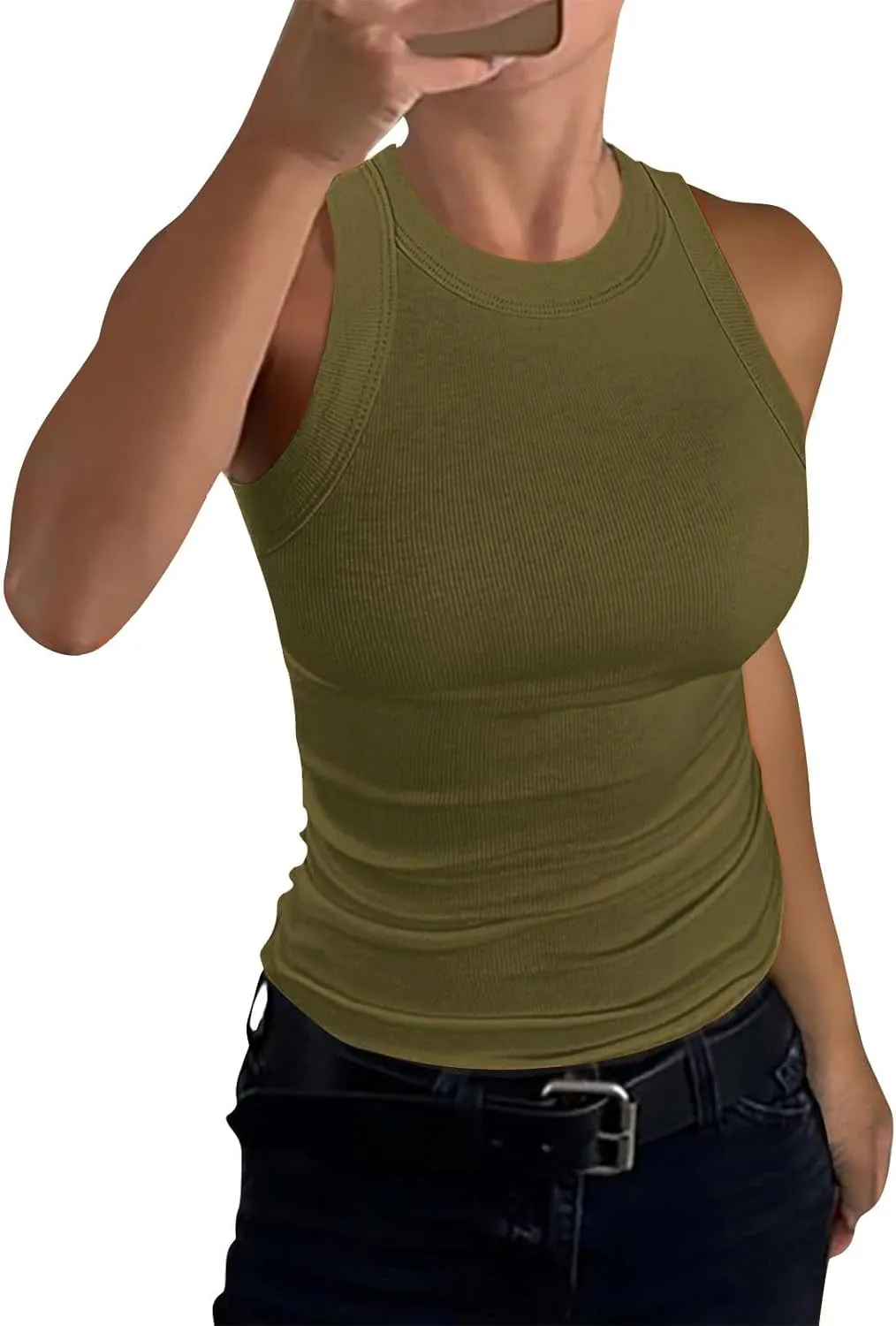 Womens Tank Tops Summer Cotton Workout High Neck Sleeveless Tops Casual Ribbed Slimming Racerback Tank Tops Undershirts