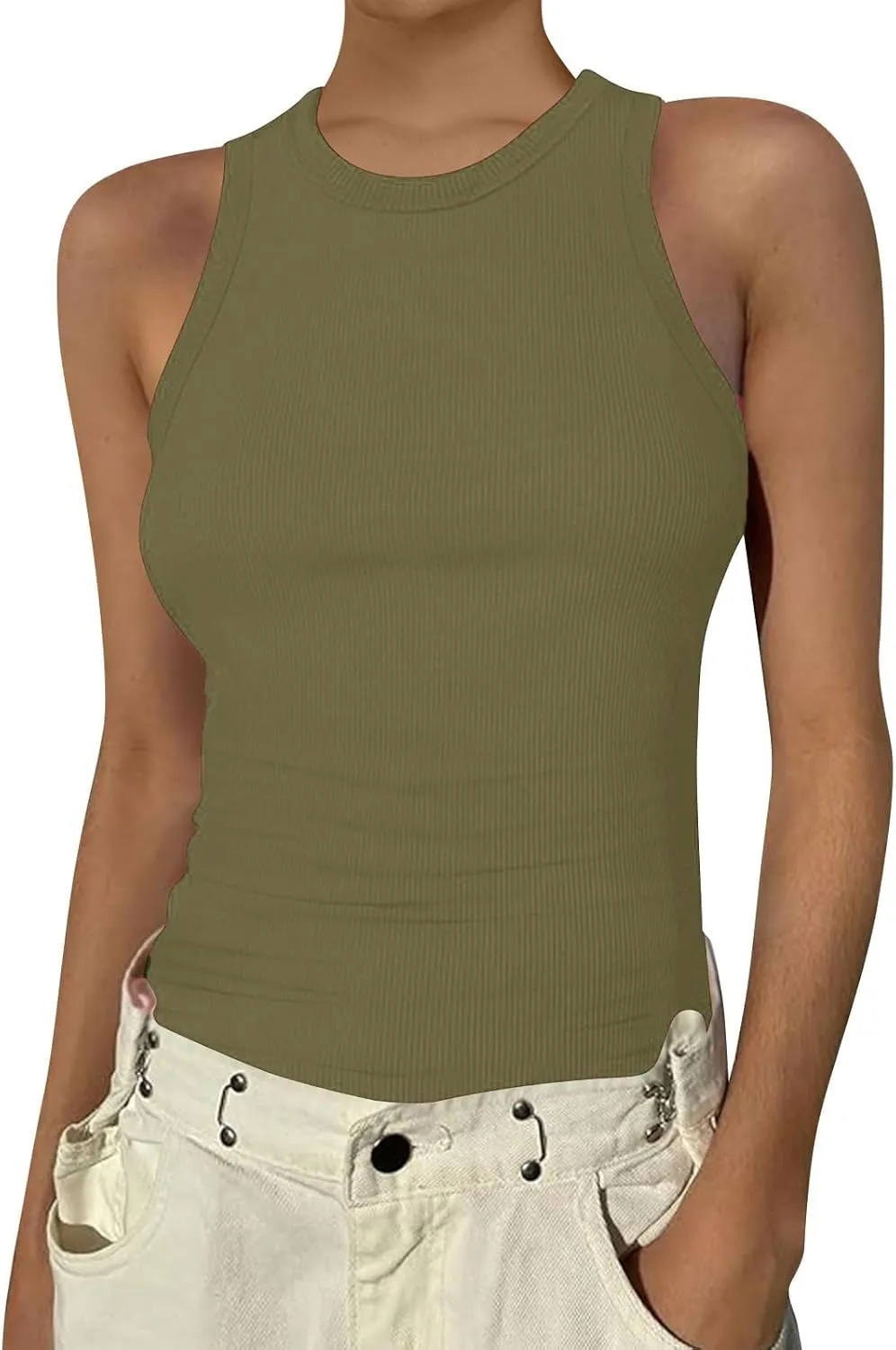 Womens Tank Tops Summer Cotton Workout High Neck Sleeveless Tops Casual Ribbed Slimming Racerback Tank Tops Undershirts