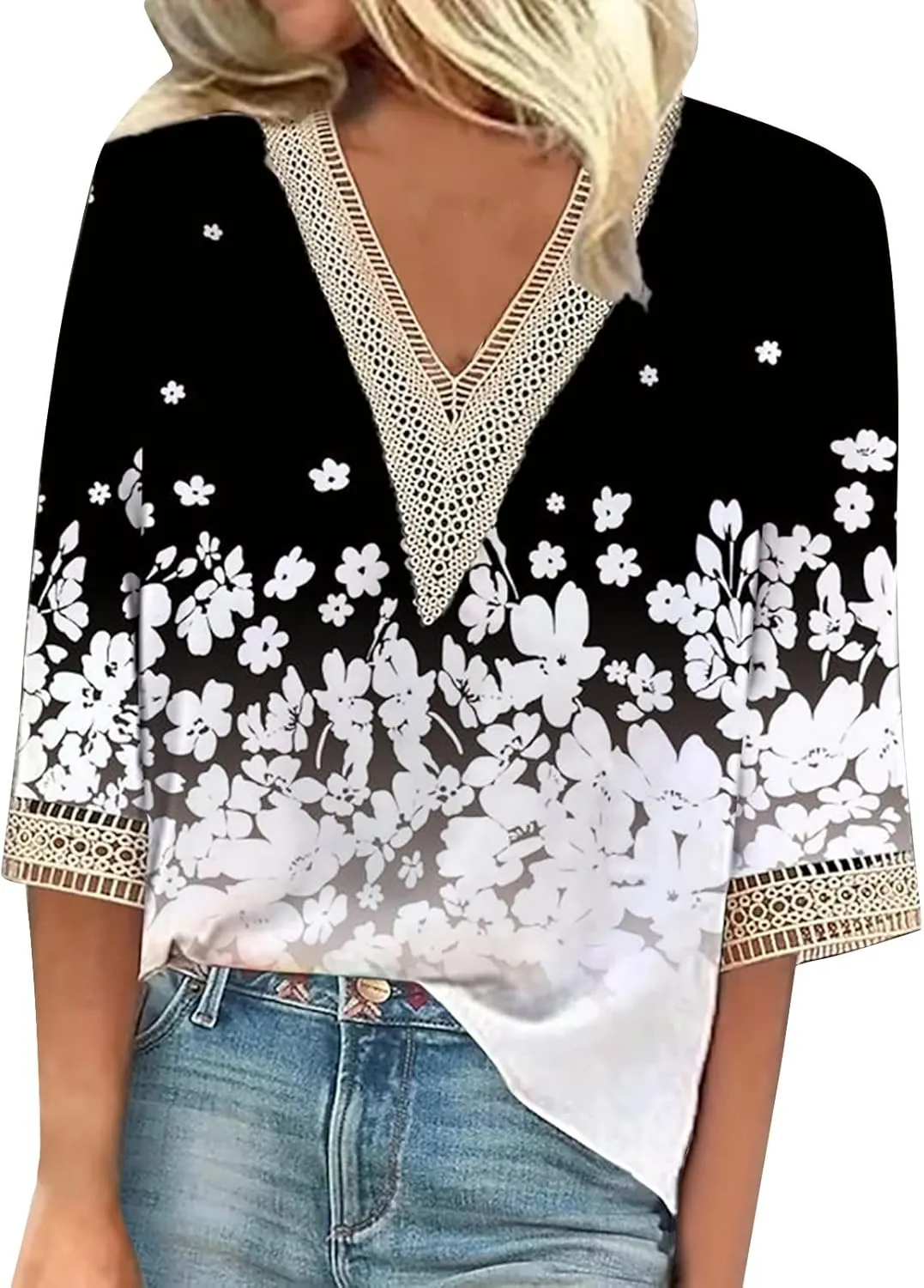 Womens Tops Summer Lace Crochet V Neck 3/4 Sleeve Shirts Vintage Floral Hollow Out Dressy Casual Blouse Sexy Tunic