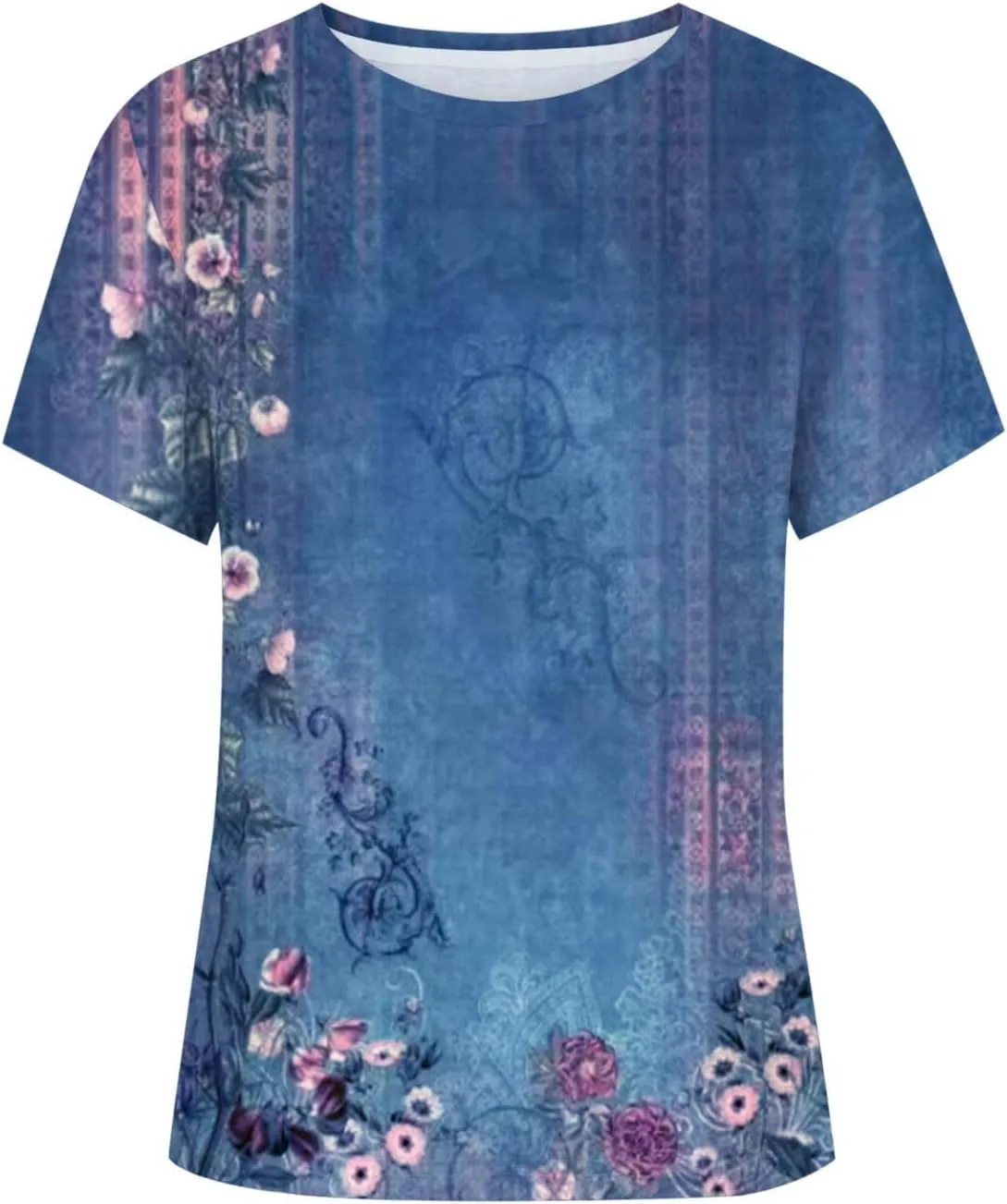 Womens Tops Trendy Summer Casual Retro Flower Printed Top Short Sleeve Crewneck Tees Loose Lightweight T Shirt Blouse