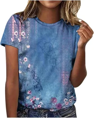 Womens Tops Trendy Summer Casual Retro Flower Printed Top Short Sleeve Crewneck Tees Loose Lightweight T Shirt Blouse