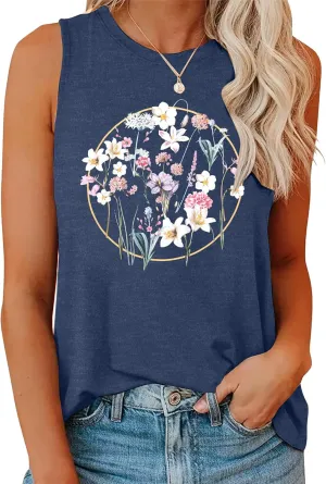 Womens Vintage Flowers Tank Casual Boho Wildflowers Graphic Tees Cottagecore Summer Vest Tops