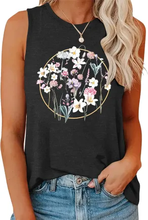 Womens Vintage Flowers Tank Casual Boho Wildflowers Graphic Tees Cottagecore Summer Vest Tops