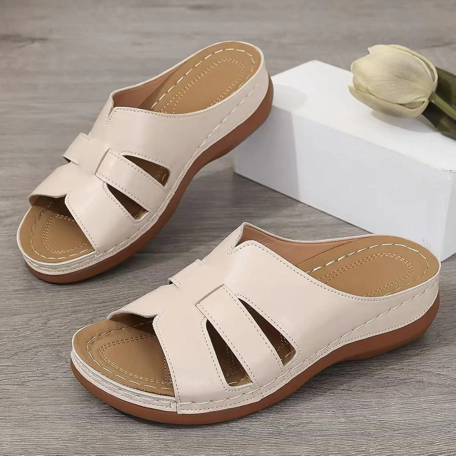 Women's Wedge Sandals Casual Arch Support Shoes Summer Open Toe Women Sandals Dressy Casual Boho Beach Ladies Wedges Summer Walking Shoes Comfortable Slip On Shoes