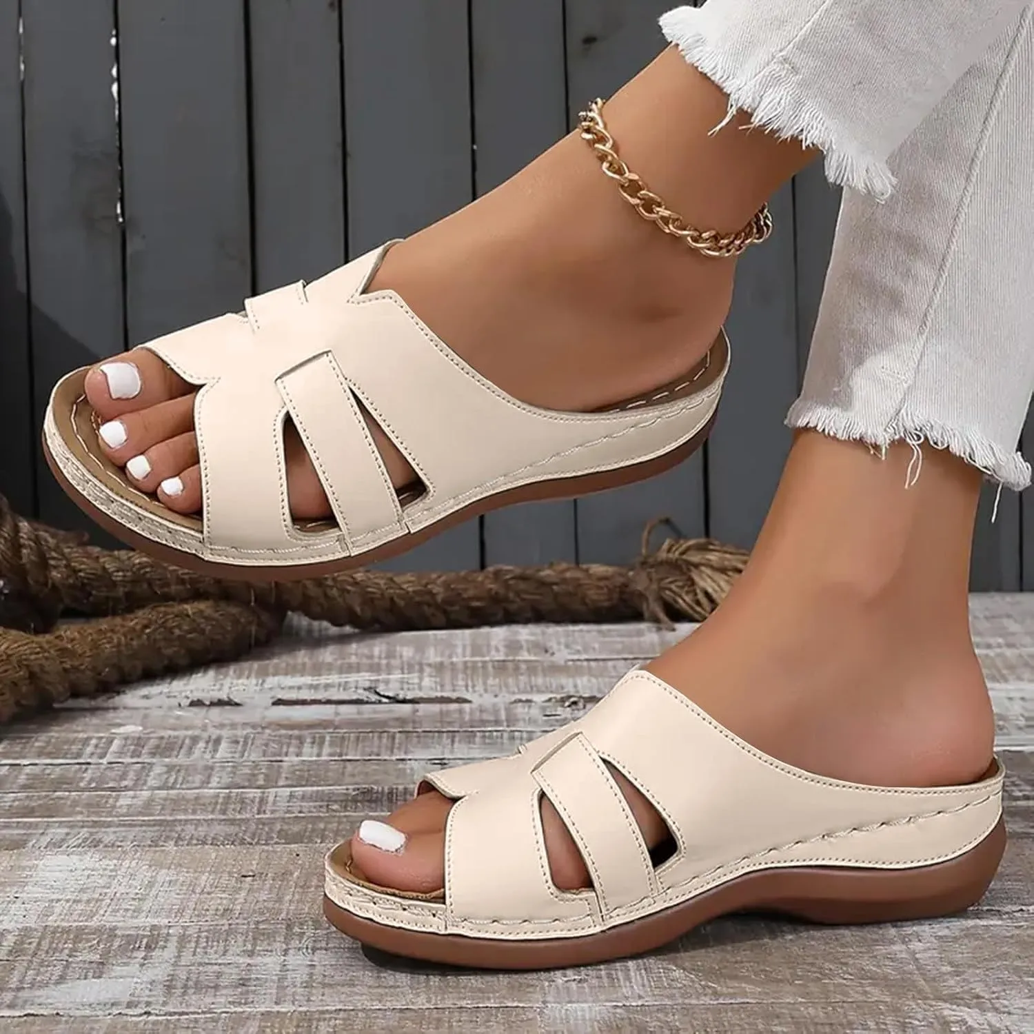 Women's Wedge Sandals Casual Arch Support Shoes Summer Open Toe Women Sandals Dressy Casual Boho Beach Ladies Wedges Summer Walking Shoes Comfortable Slip On Shoes