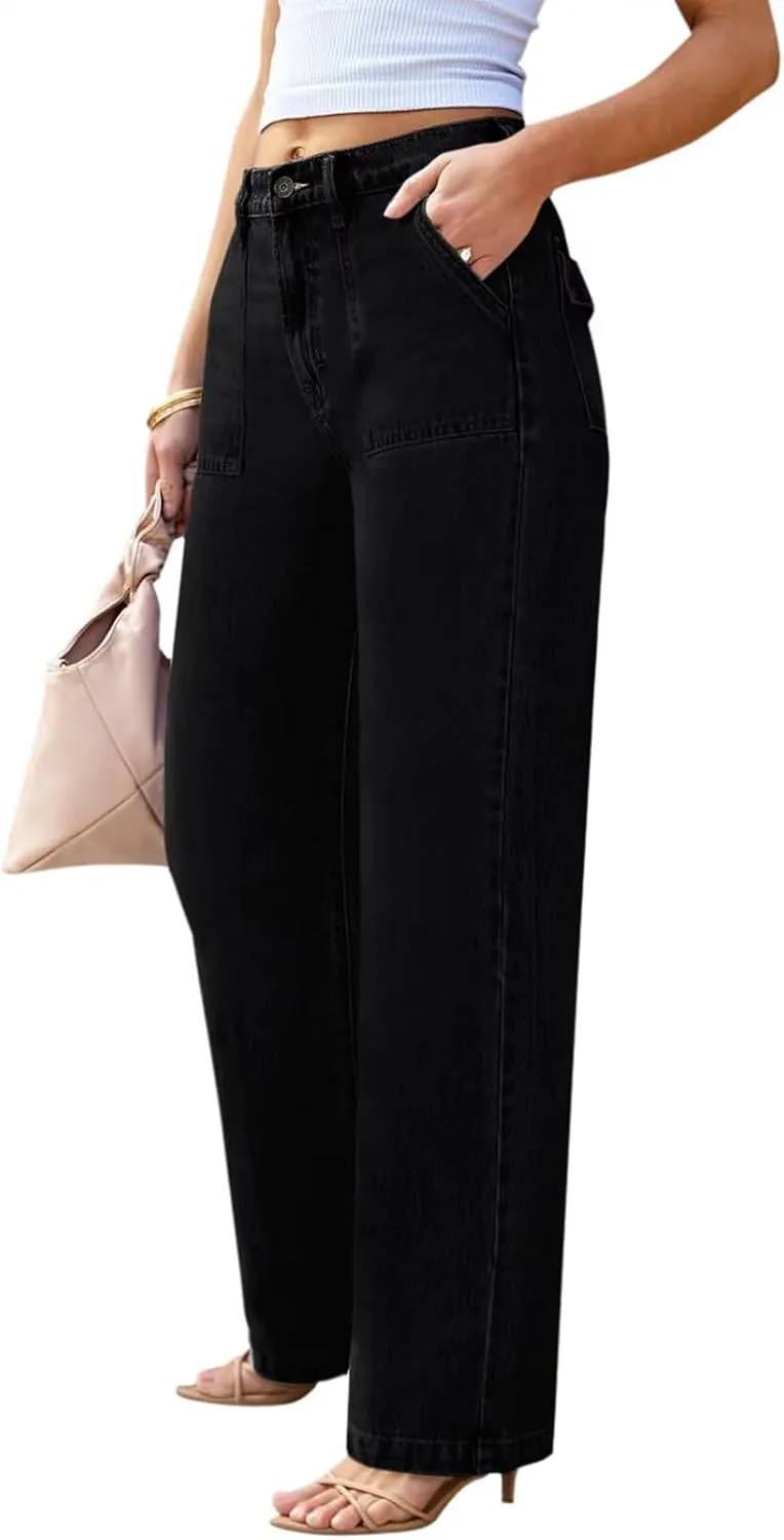 Womens Wide Leg Jeans High Waisted Carpenter Cargo Jeans Casual 90s Y2K Flap Pocket Straight Leg Jeans for Women