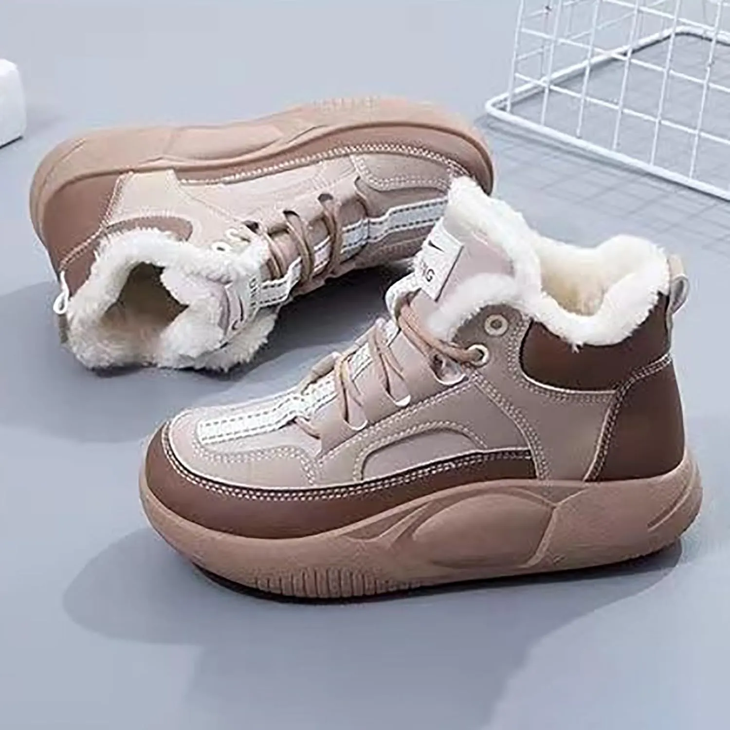 Women's Winter Snow Boots Platform Sneakers for Women Faux Fur Waterproof Ankle Booties Ladies Comfortable Short Boots Anti-Slip Outdoor Hiking Shoes Fashion Lace Up High-Top Sneakers