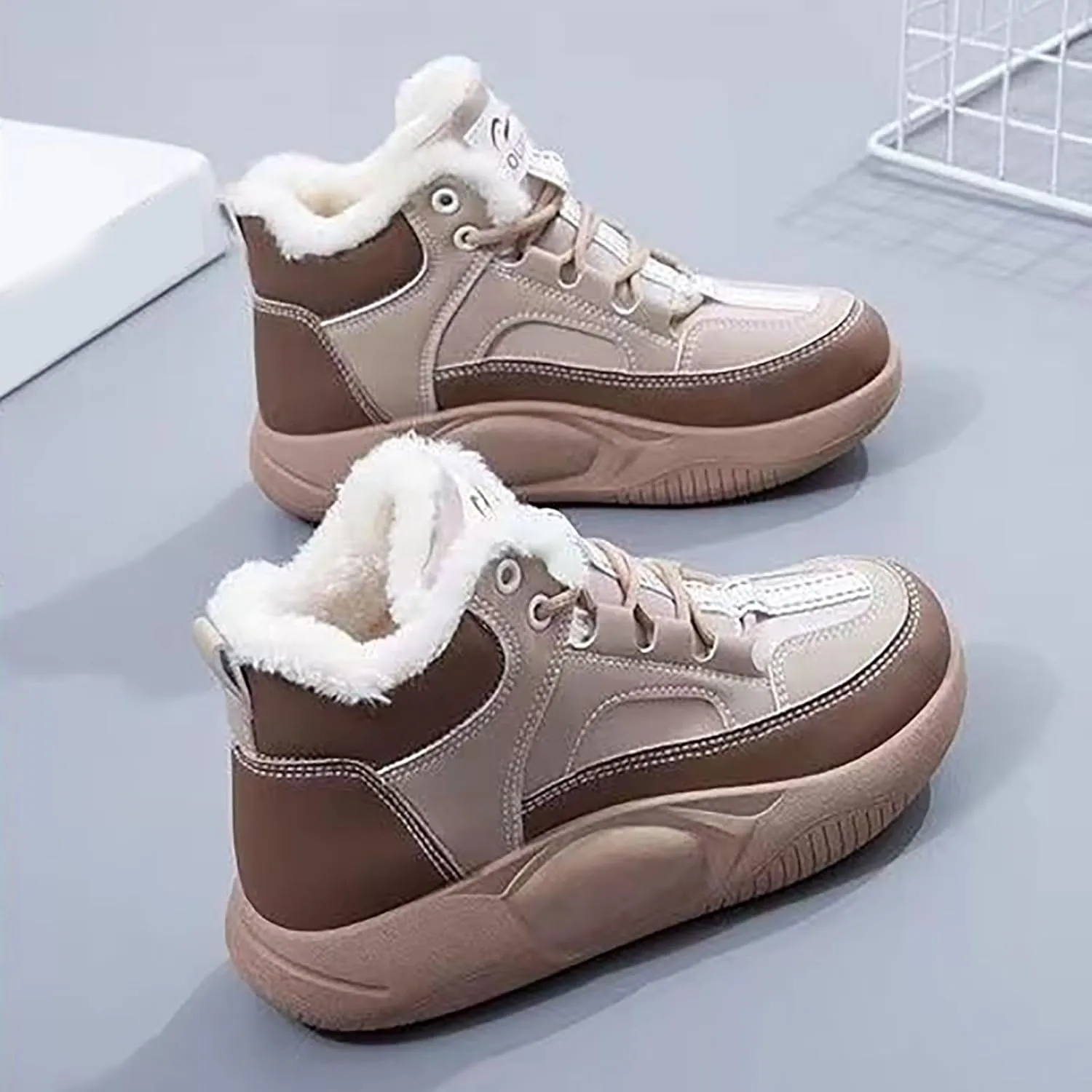 Women's Winter Snow Boots Platform Sneakers for Women Faux Fur Waterproof Ankle Booties Ladies Comfortable Short Boots Anti-Slip Outdoor Hiking Shoes Fashion Lace Up High-Top Sneakers