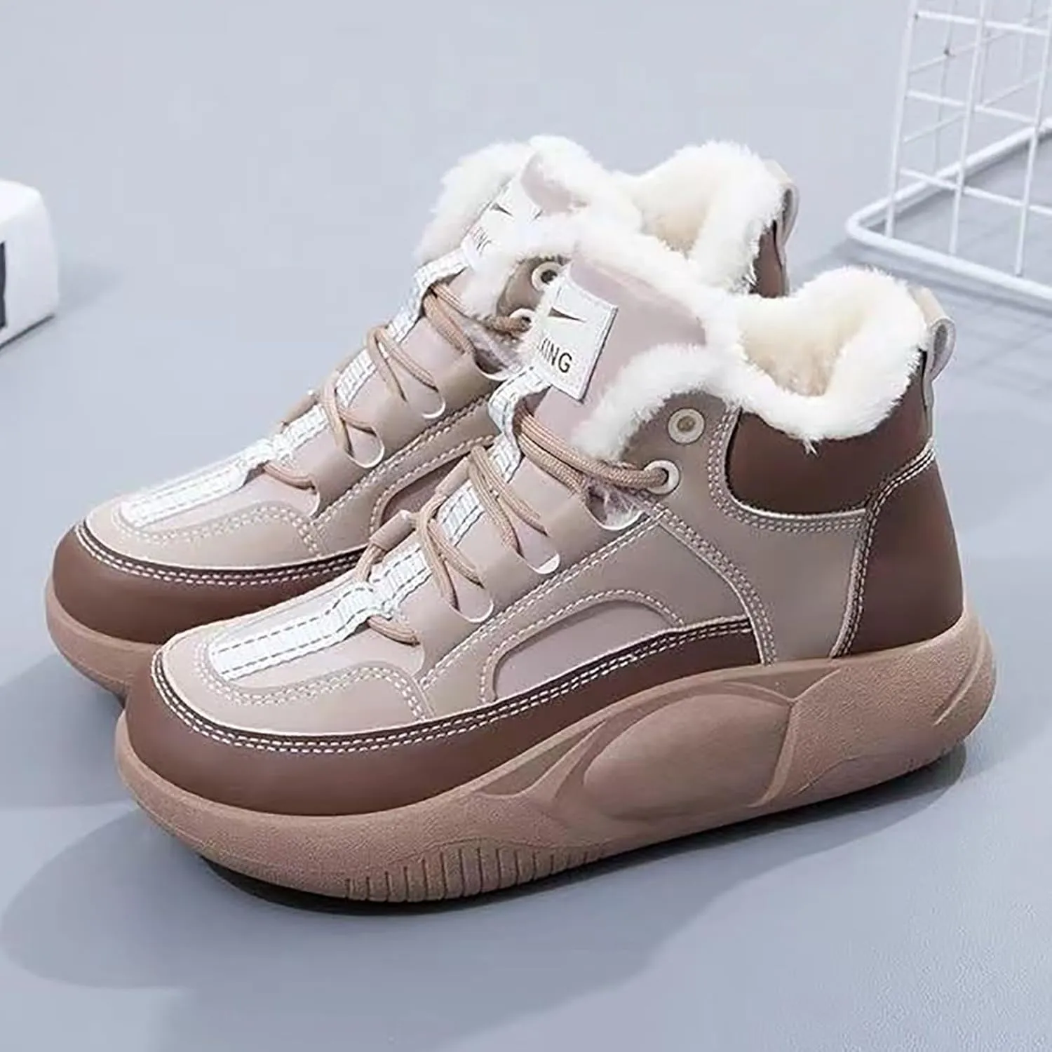 Women's Winter Snow Boots Platform Sneakers for Women Faux Fur Waterproof Ankle Booties Ladies Comfortable Short Boots Anti-Slip Outdoor Hiking Shoes Fashion Lace Up High-Top Sneakers
