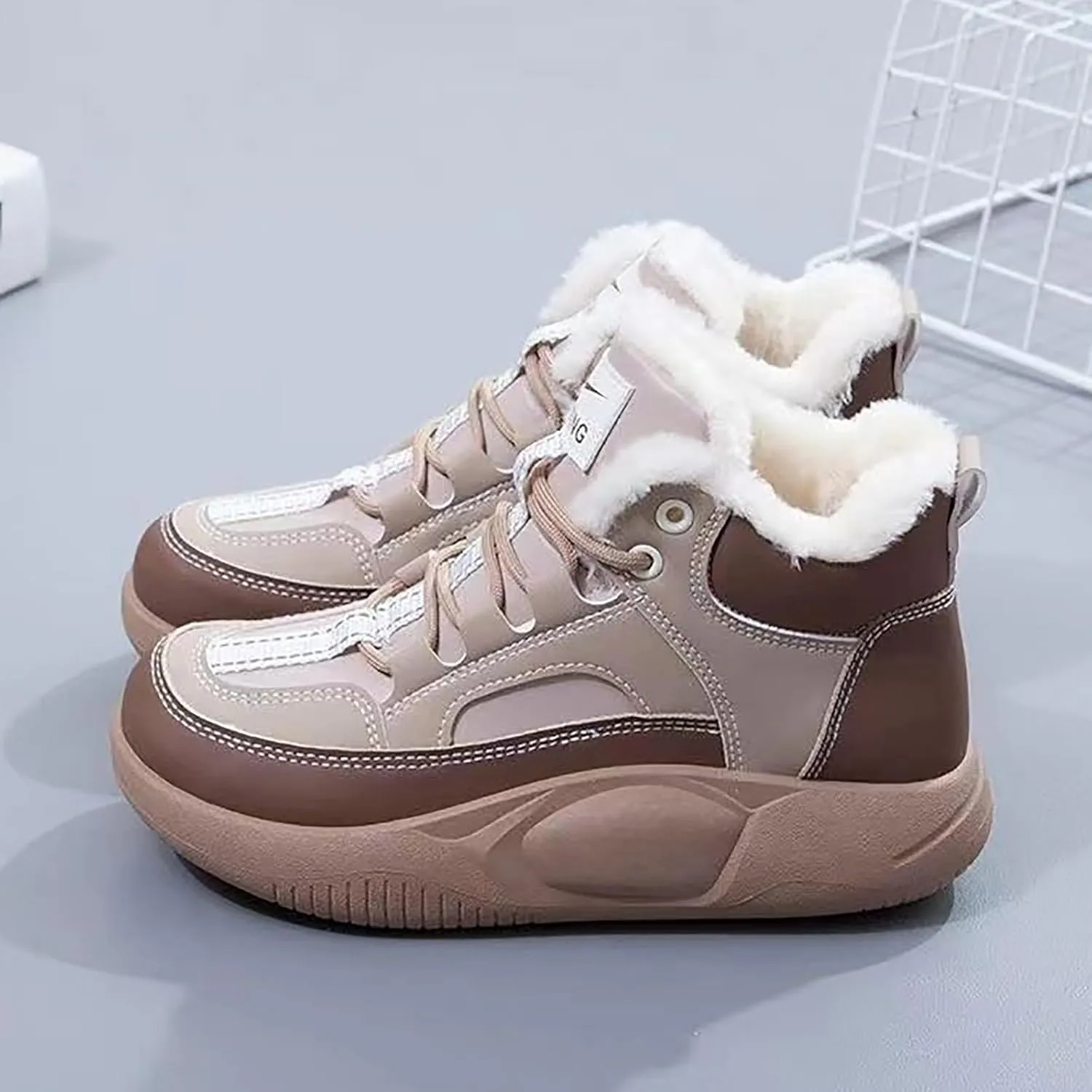 Women's Winter Snow Boots Platform Sneakers for Women Faux Fur Waterproof Ankle Booties Ladies Comfortable Short Boots Anti-Slip Outdoor Hiking Shoes Fashion Lace Up High-Top Sneakers