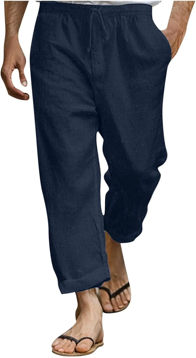 Xiaojmake Capirs Linen Pants Men Relaxed Fit Elastic Waist Cropped Pant with Pockets Beach Yoga Travel Lounge Trousers Summer