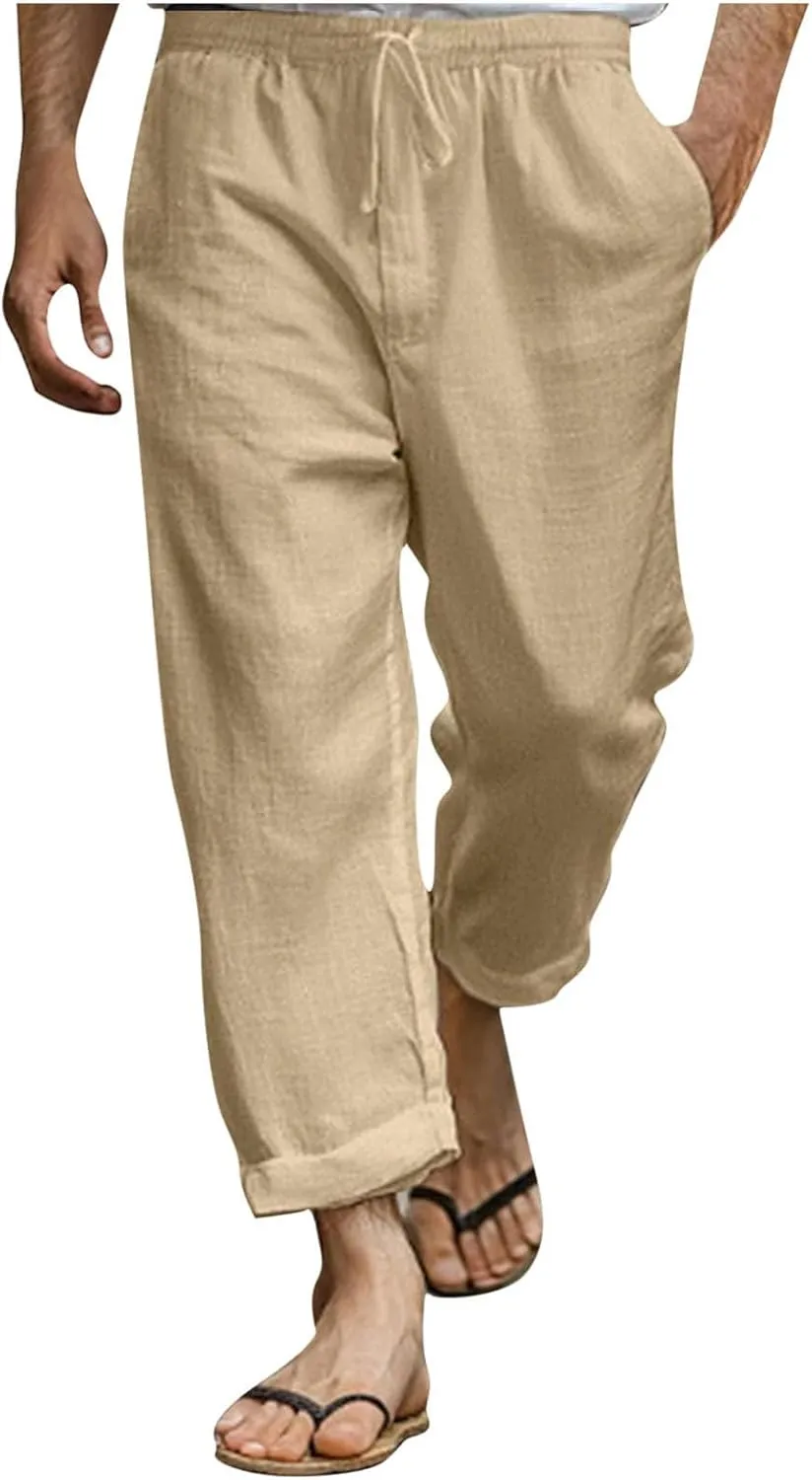 Xiaojmake Capirs Linen Pants Men Relaxed Fit Elastic Waist Cropped Pant with Pockets Beach Yoga Travel Lounge Trousers Summer