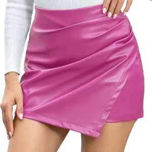 XOWRTE Faux Leather Skorts for Woman Casual High Waisted PU Leather Shorts Ruched Wrap Skorts Mid Length Skirts