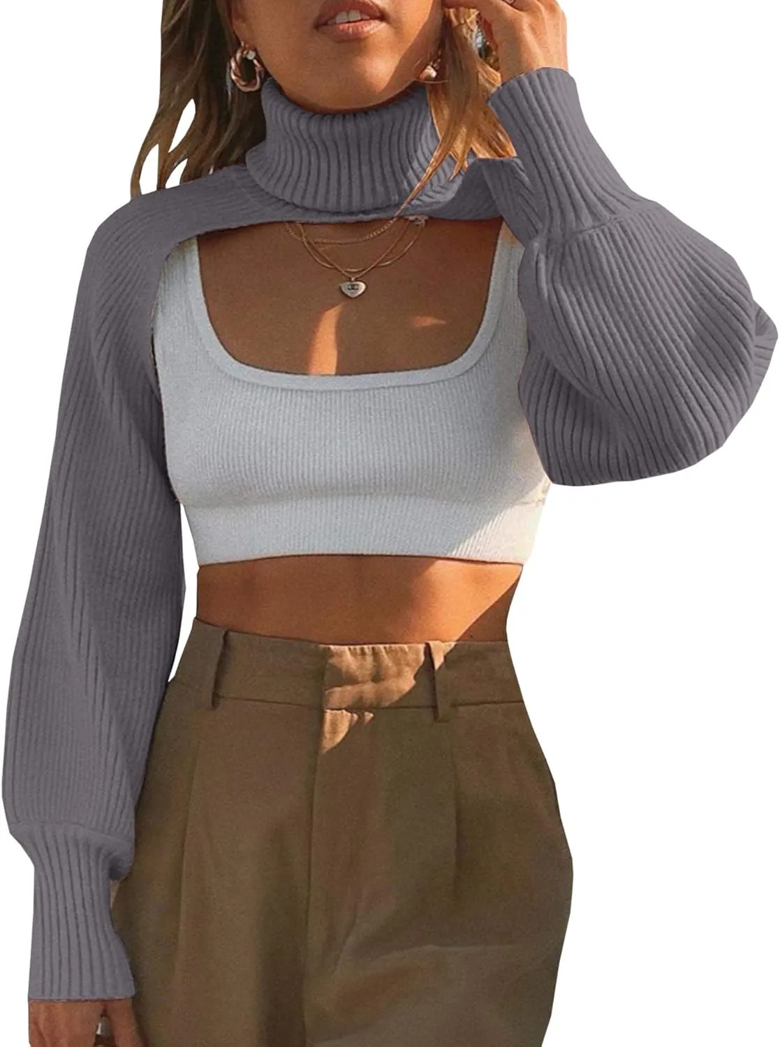 xxxiticat Women's Turtleneck Shrug Sweater Long Sleeve High Neck Cutout Knitted Arm Warmer Cropped Sweaters
