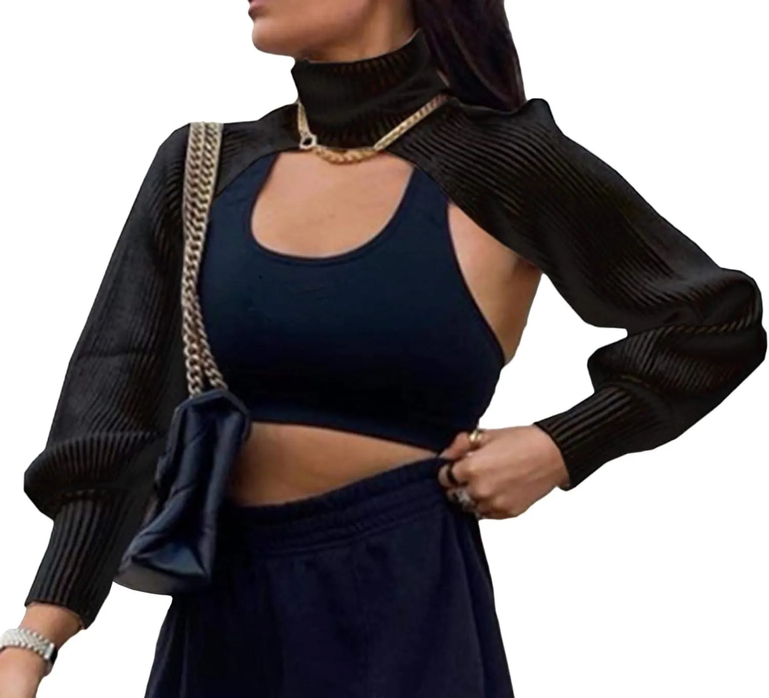xxxiticat Women's Turtleneck Shrug Sweater Long Sleeve High Neck Cutout Knitted Arm Warmer Cropped Sweaters