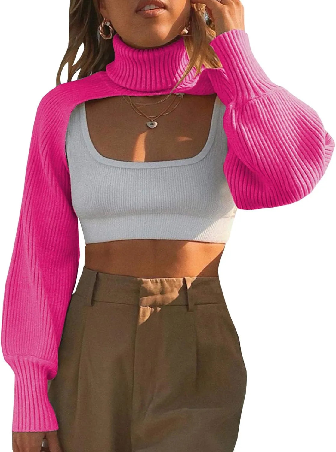 xxxiticat Women's Turtleneck Shrug Sweater Long Sleeve High Neck Cutout Knitted Arm Warmer Cropped Sweaters