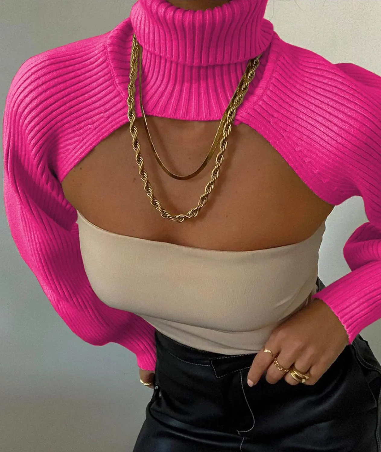 xxxiticat Women's Turtleneck Shrug Sweater Long Sleeve High Neck Cutout Knitted Arm Warmer Cropped Sweaters
