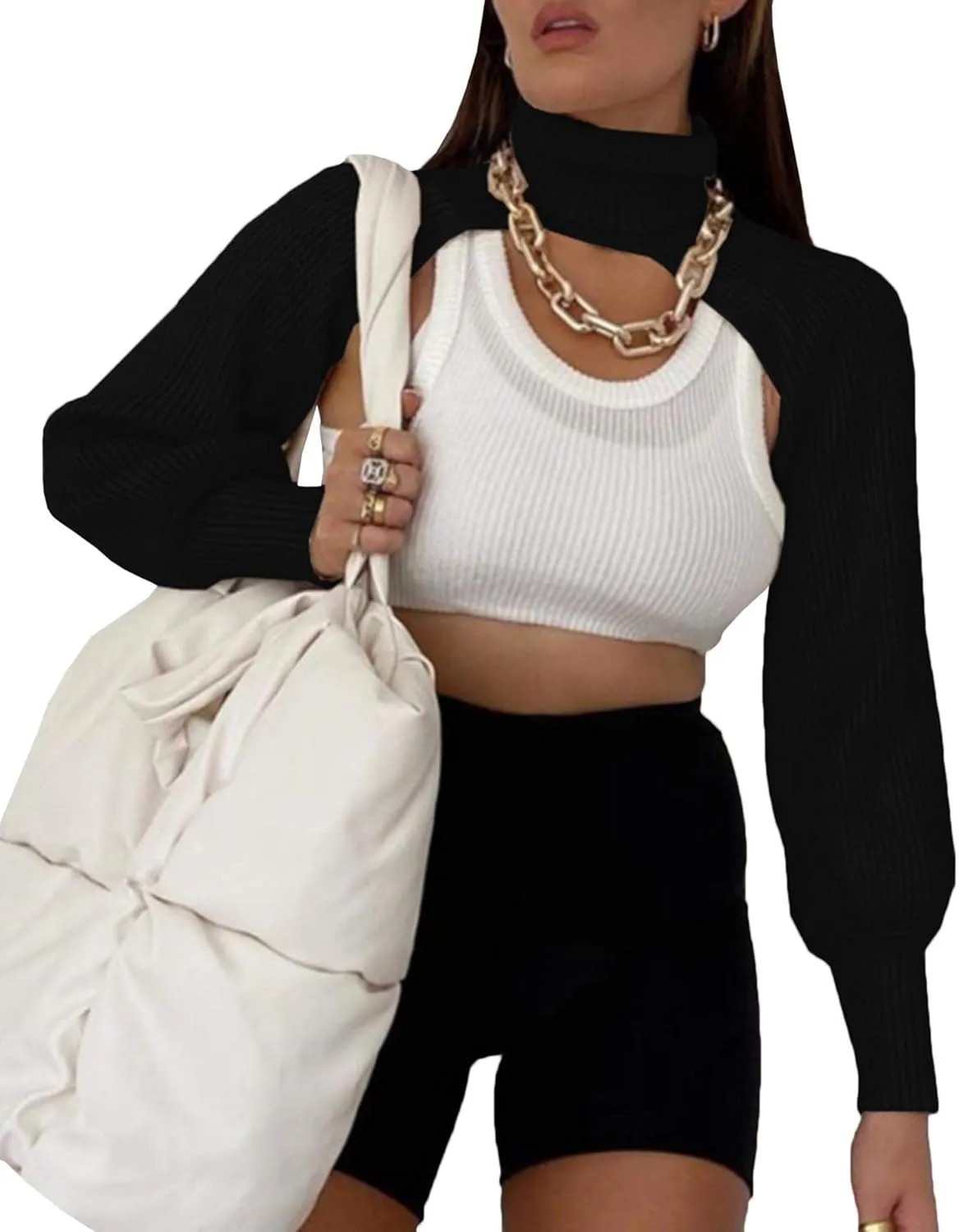 xxxiticat Women's Turtleneck Shrug Sweater Long Sleeve High Neck Cutout Knitted Arm Warmer Cropped Sweaters