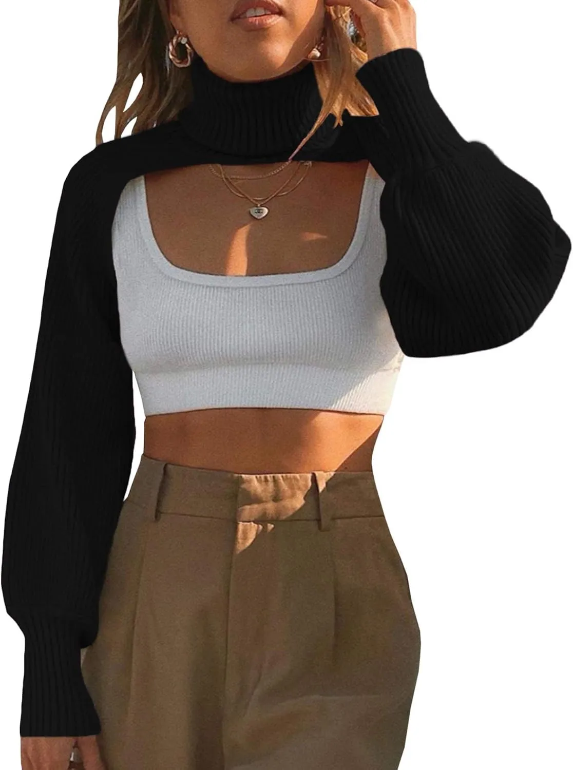 xxxiticat Women's Turtleneck Shrug Sweater Long Sleeve High Neck Cutout Knitted Arm Warmer Cropped Sweaters
