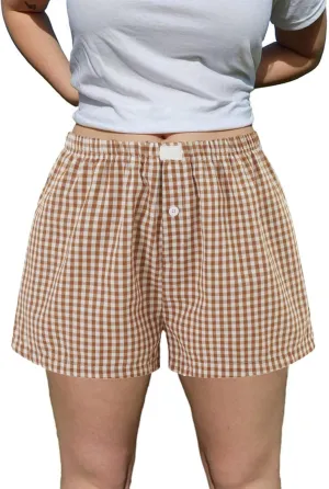 Y2k Plaid Boxer Shorts for Women Elastic Waist Lounge Shorts Button Front Ginghem Pajama Shorts Sleep Shorts