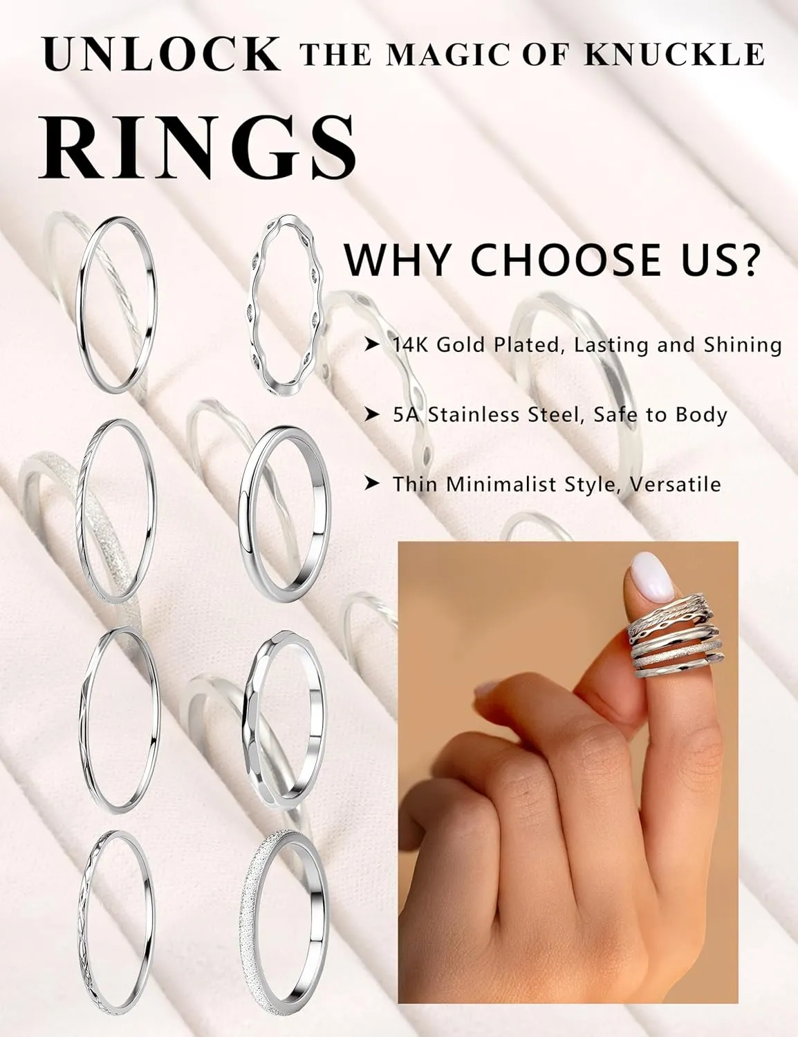 YADOCA 8Pcs 1MM 2MM Stainless Steel Rings for Women Men Minimalist Fashion Dainty Plain Thin Knuckle Stacking Midi Thumb Rings Stackable Statement Band Rings Set Silver Gold Tone Size 4-12