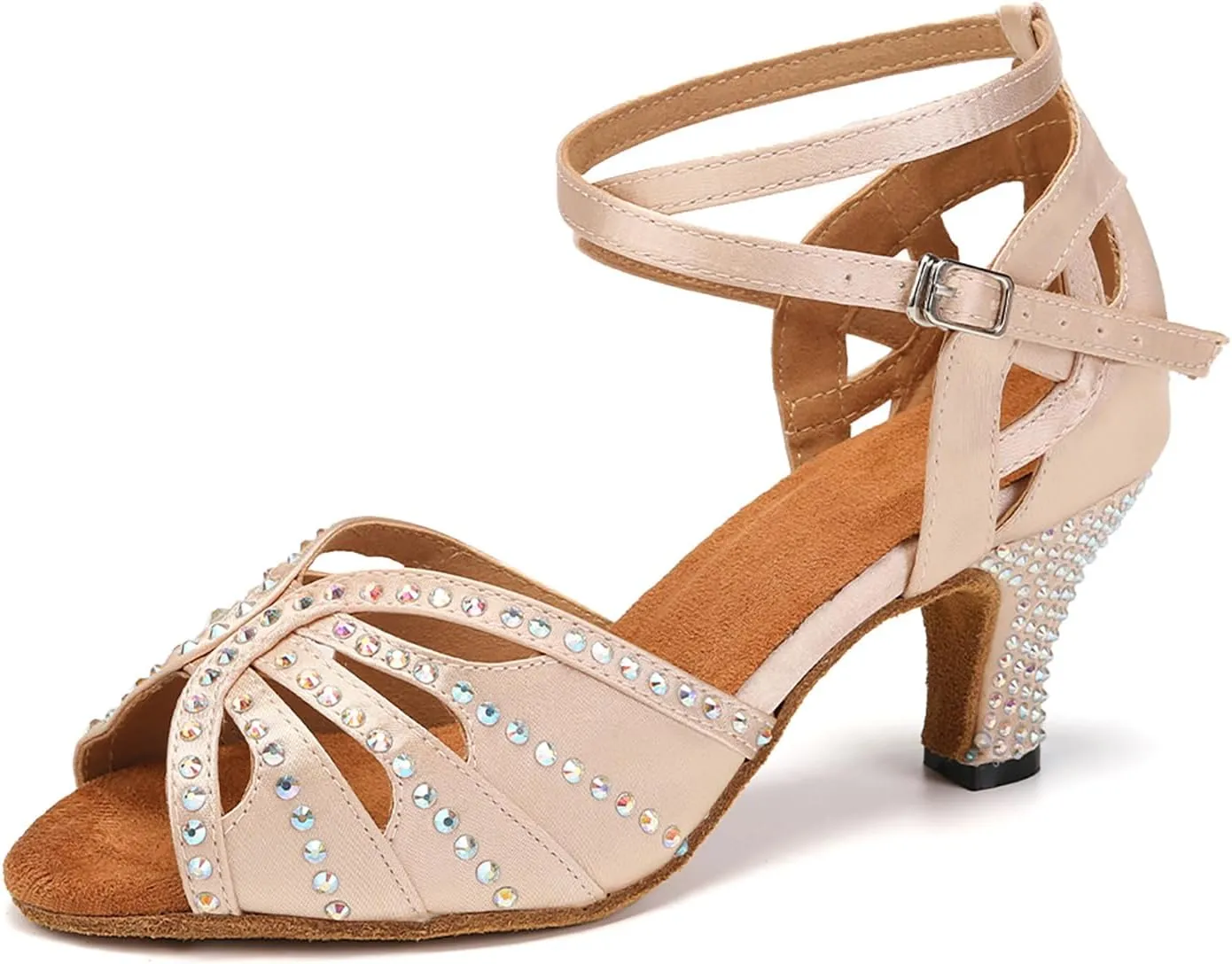YKXLM Women Rhinestone Ballroom Dance Shoes Latin Performance Dance Shoes Women Suede Sole,2 1/3 inch Heel,Beige,6.5US