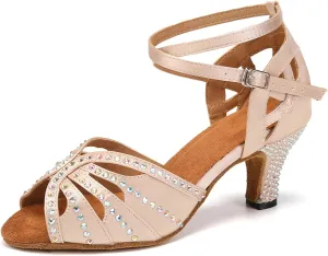 YKXLM Women Rhinestone Ballroom Dance Shoes Latin Performance Dance Shoes Women Suede Sole,2 1/3 inch Heel,Beige,6.5US