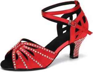 YKXLM Women Rhinestone Ballroom Dance Shoes Latin Performance Dance Shoes Women Suede Sole,2 1/3 inch Heel,Red,6.5US