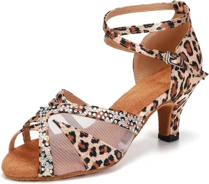 YKXLM Women Rhinestone Ballroom Dance Shoes Latin Performance Dance Shoes Women Suede Sole,L165,2 1/3 inches Heel,Leopard,8US