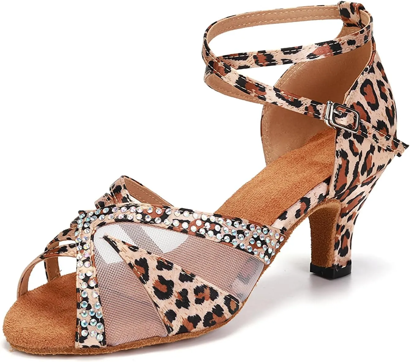 YKXLM Women Rhinestone Ballroom Dance Shoes Latin Performance Dance Shoes Women Suede Sole,L165,2 1/3 inches Heel,Leopard,8US