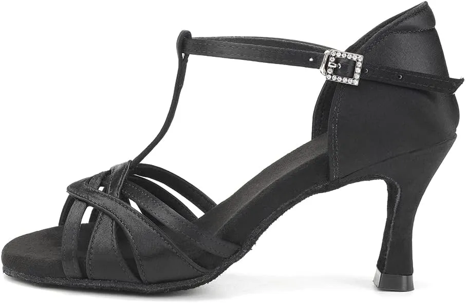 YKXLM Women's Satin Latin Dance Shoes Ballroom Salsa Tango Professional Performance Practice Dancing Shoes,3038T,Black,6 US