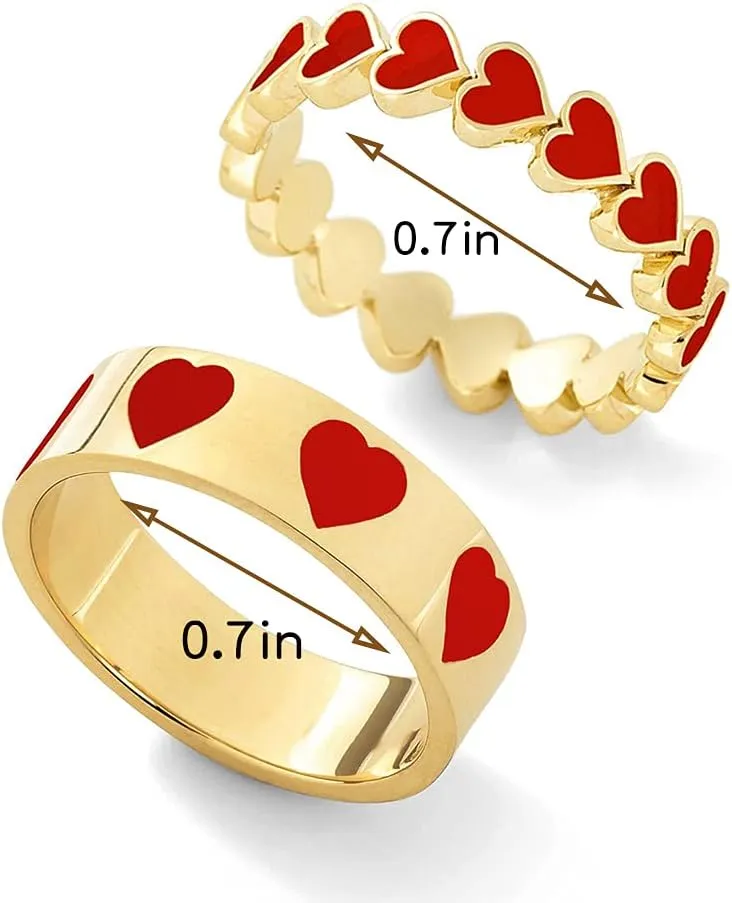 YOOESTORES82 2PCS Colorful Heart Ring Gold Band Rings Set for Women Couple Cute Love Heart Plain Stackable Finger Rings Wedding Preppy Jewelry Gift