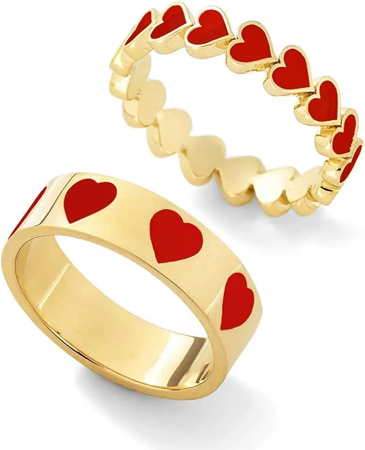 YOOESTORES82 2PCS Colorful Heart Ring Gold Band Rings Set for Women Couple Cute Love Heart Plain Stackable Finger Rings Wedding Preppy Jewelry Gift