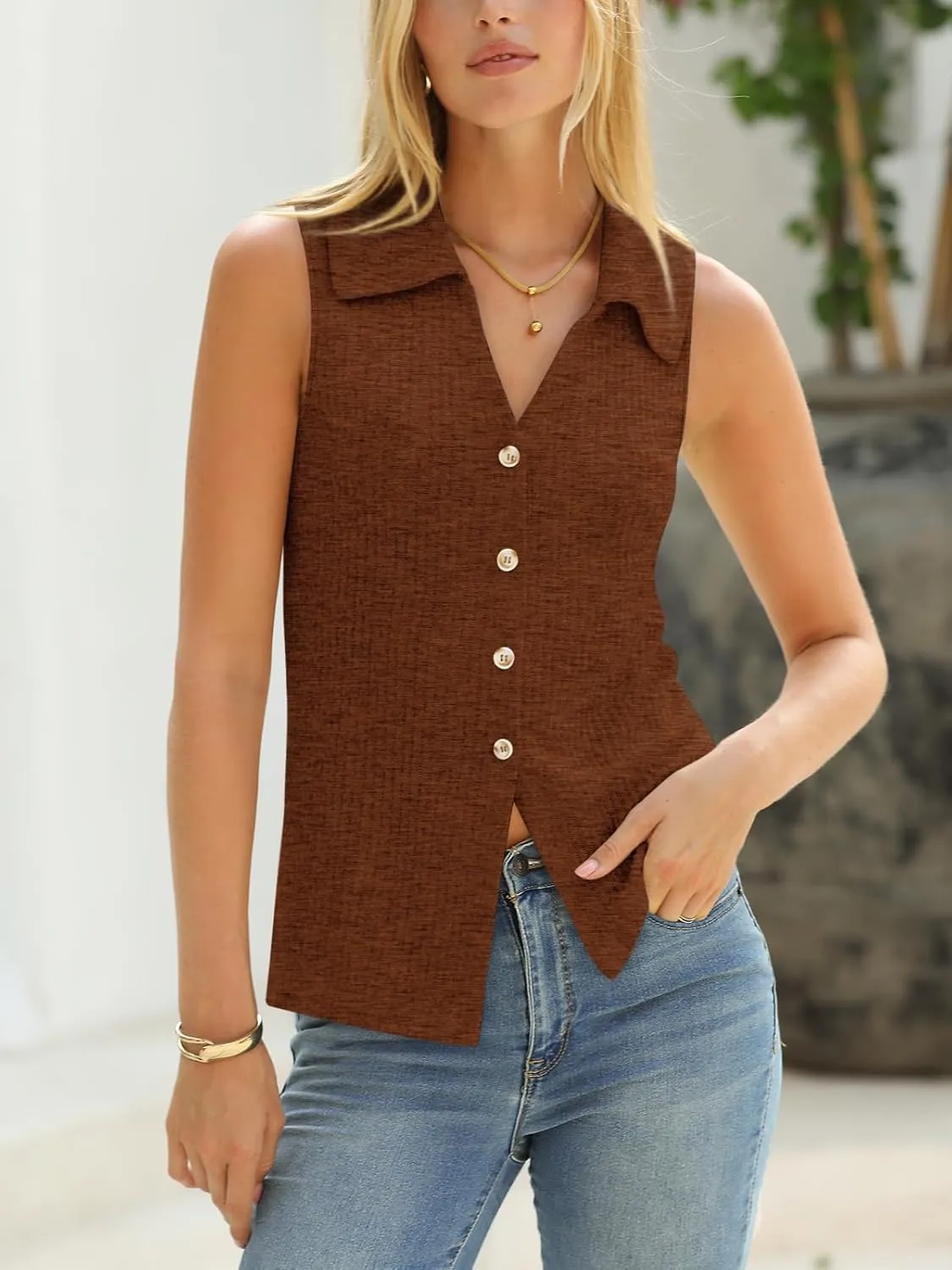Yousify Women's Knit Tank Tops 2025 Summer V Neck Button Down Sweater Vest Casual Sleeveless Top