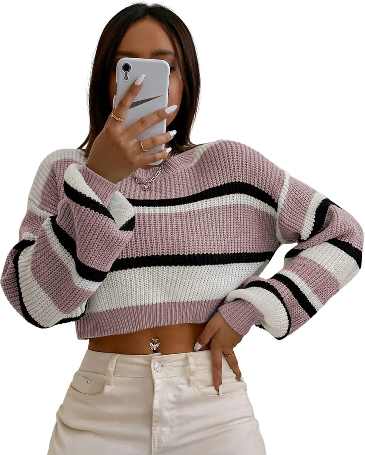 ZAFUL Women's Color Block Striped Sweater Crew Neck Lantern Sleeve Cropped Sweaters Casual Loose Knitted Tops