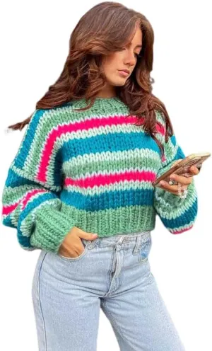 ZAFUL Women's Color Block Striped Sweater Crew Neck Lantern Sleeve Cropped Sweaters Casual Loose Knitted Tops