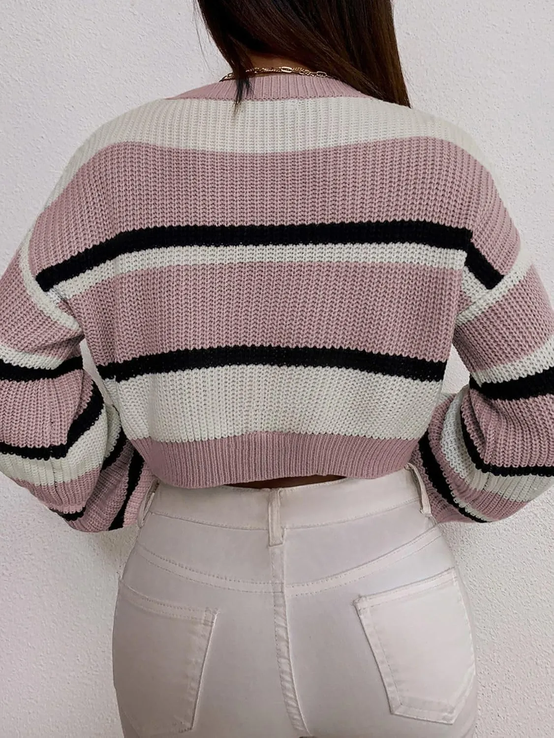 ZAFUL Women's Color Block Striped Sweater Crew Neck Lantern Sleeve Cropped Sweaters Casual Loose Knitted Tops