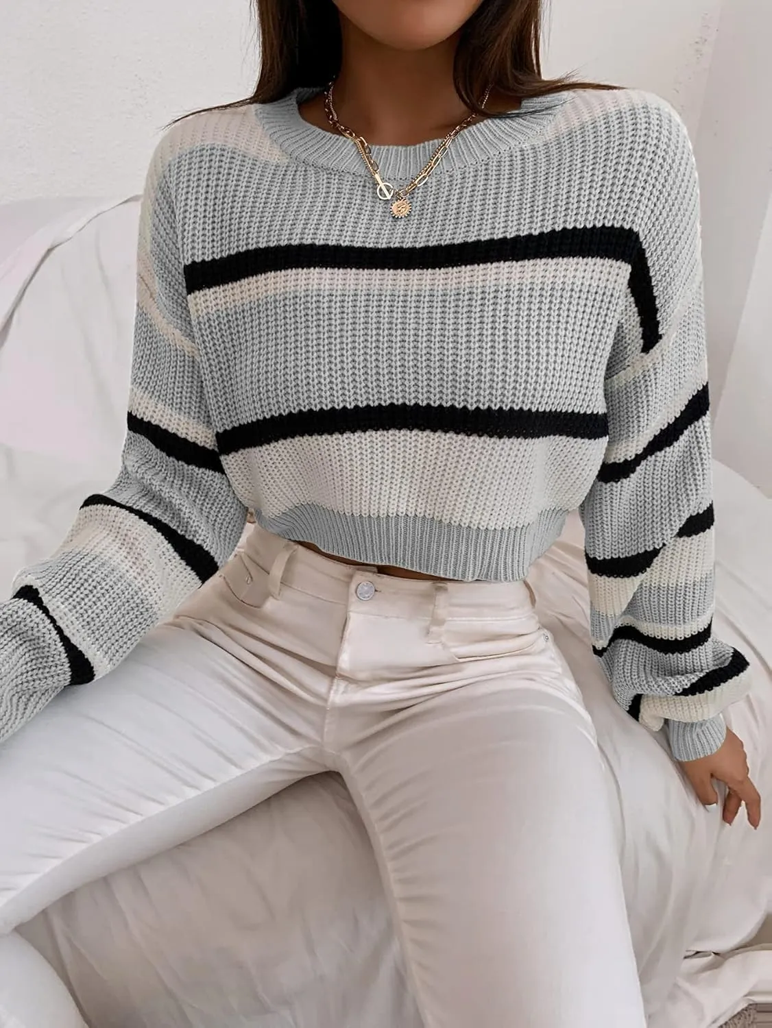 ZAFUL Women's Color Block Striped Sweater Crew Neck Lantern Sleeve Cropped Sweaters Casual Loose Knitted Tops