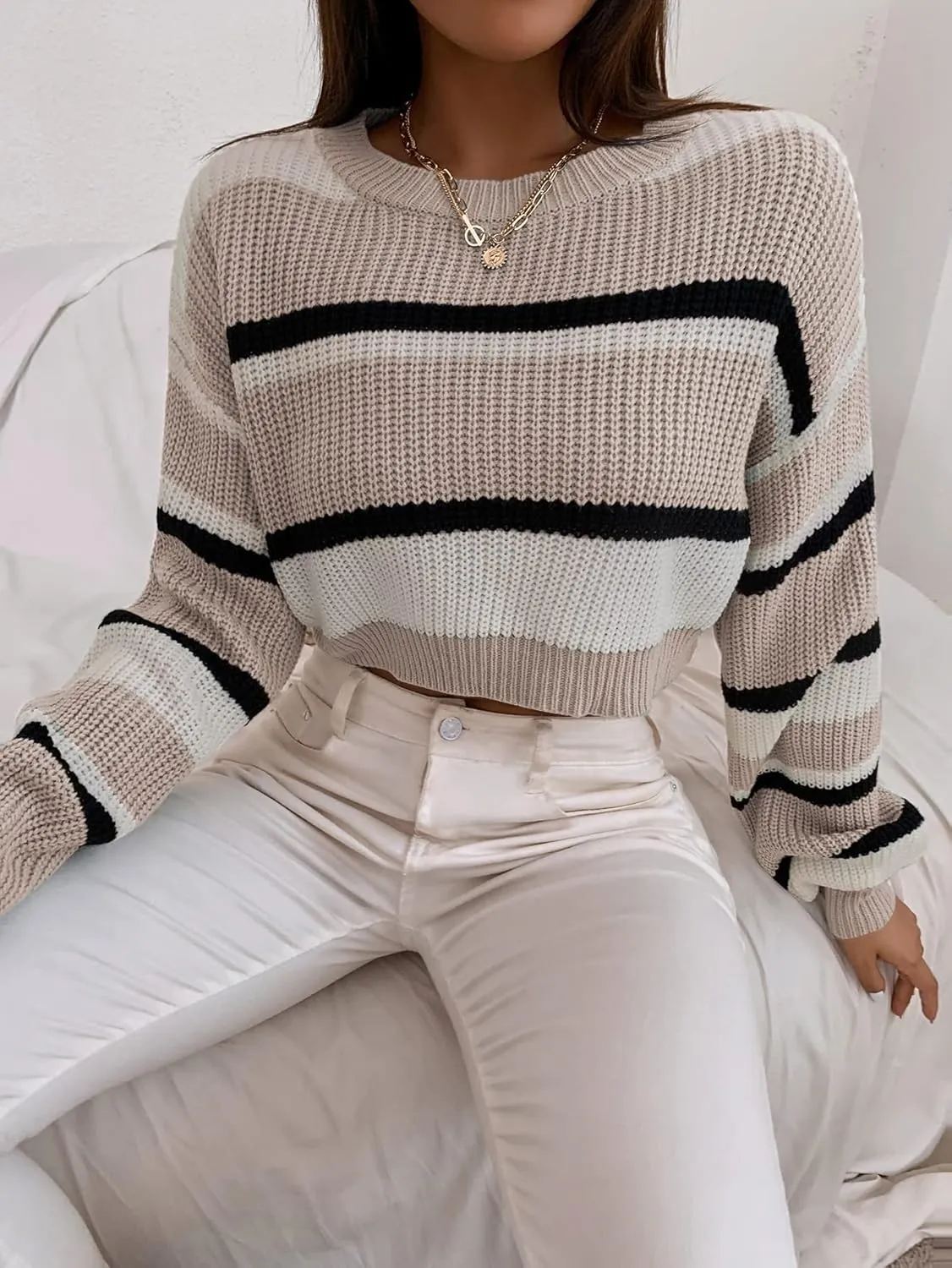 ZAFUL Women's Color Block Striped Sweater Crew Neck Lantern Sleeve Cropped Sweaters Casual Loose Knitted Tops