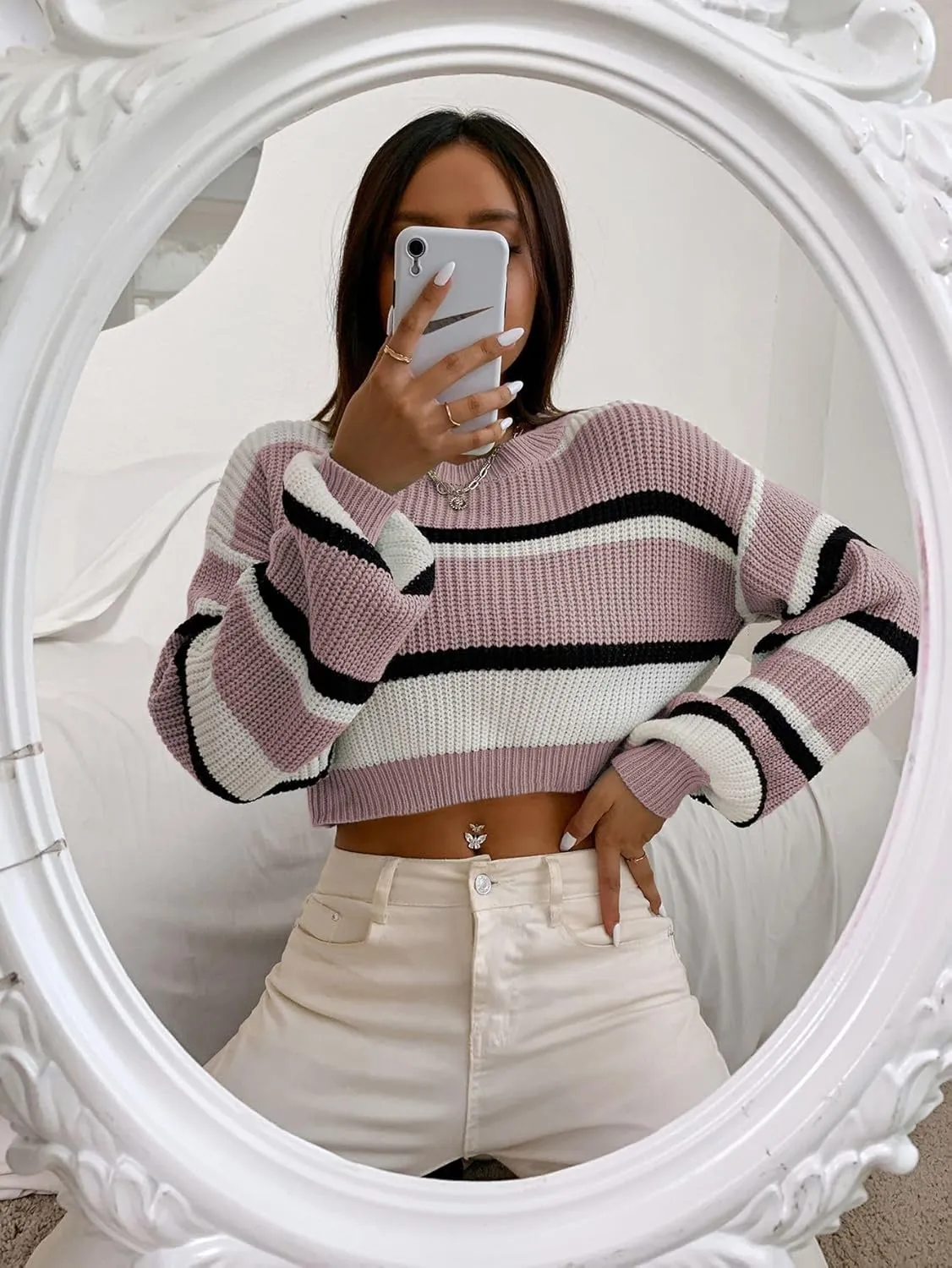 ZAFUL Women's Color Block Striped Sweater Crew Neck Lantern Sleeve Cropped Sweaters Casual Loose Knitted Tops