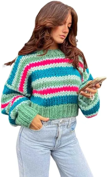 ZAFUL Women's Color Block Striped Sweater Crew Neck Lantern Sleeve Cropped Sweaters Casual Loose Knitted Tops