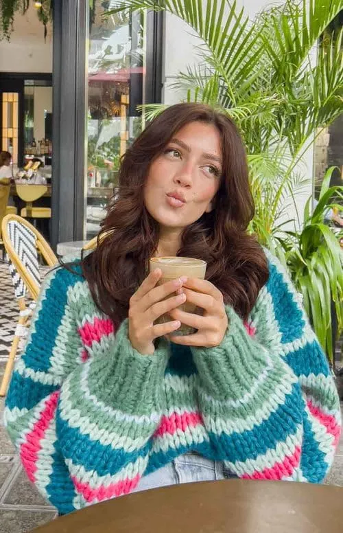 ZAFUL Women's Color Block Striped Sweater Crew Neck Lantern Sleeve Cropped Sweaters Casual Loose Knitted Tops