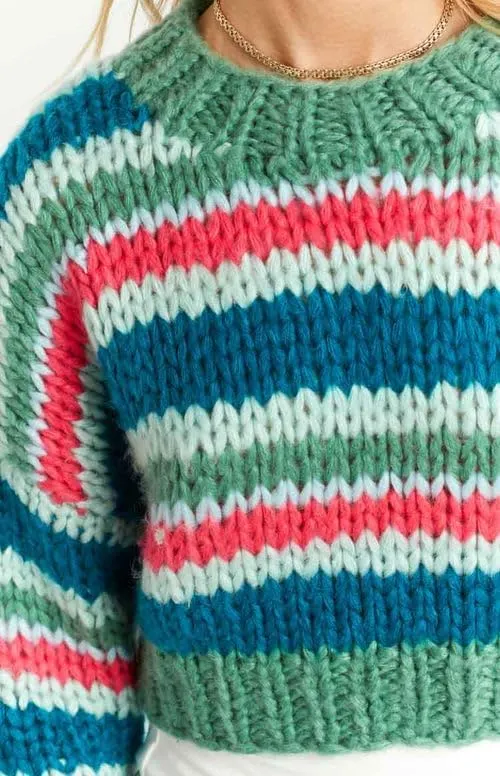 ZAFUL Women's Color Block Striped Sweater Crew Neck Lantern Sleeve Cropped Sweaters Casual Loose Knitted Tops