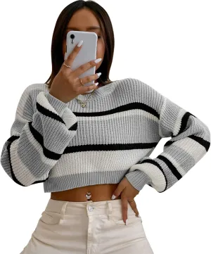 ZAFUL Women's Color Block Striped Sweater Crew Neck Lantern Sleeve Cropped Sweaters Casual Loose Knitted Tops