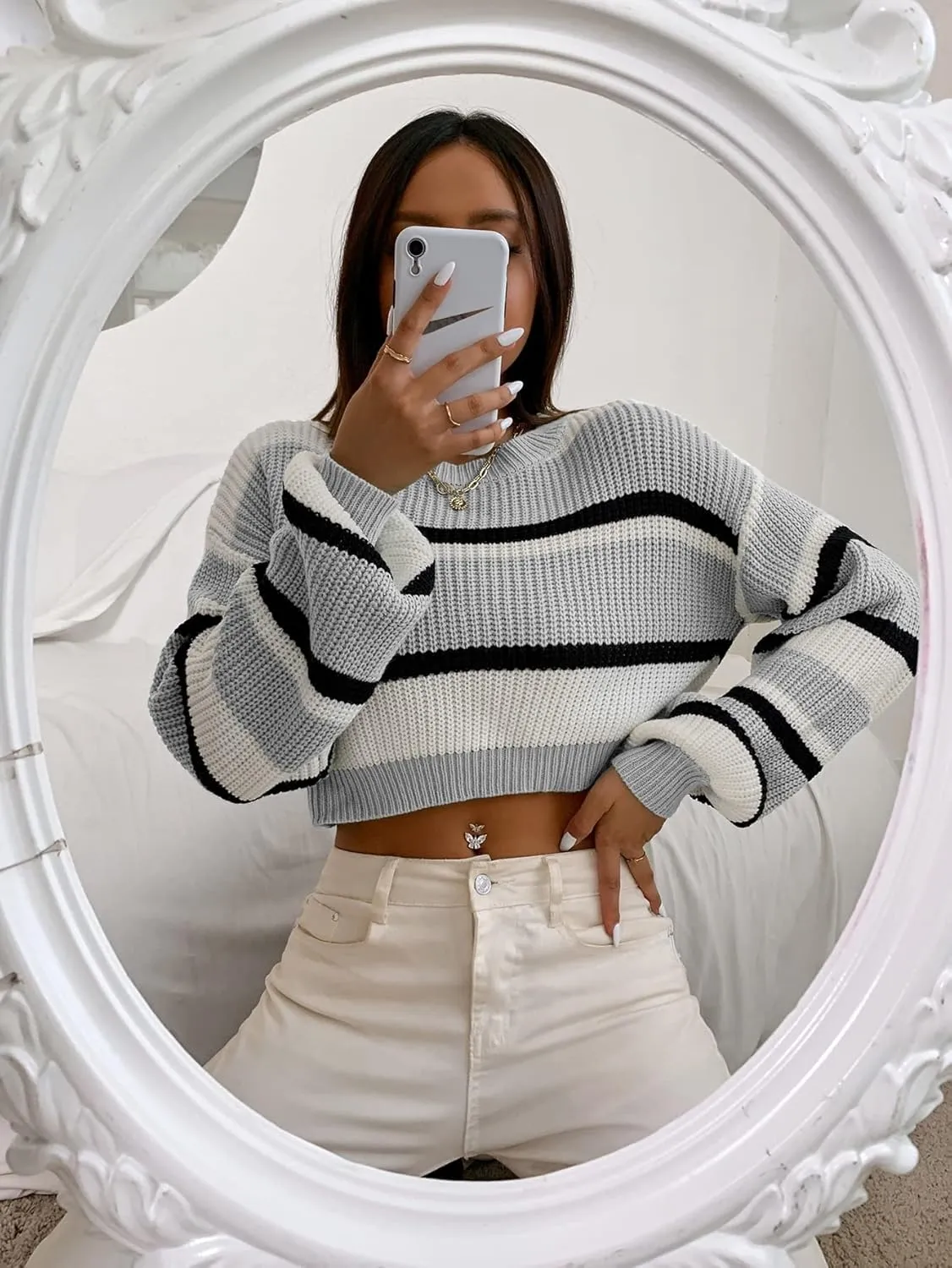 ZAFUL Women's Color Block Striped Sweater Crew Neck Lantern Sleeve Cropped Sweaters Casual Loose Knitted Tops
