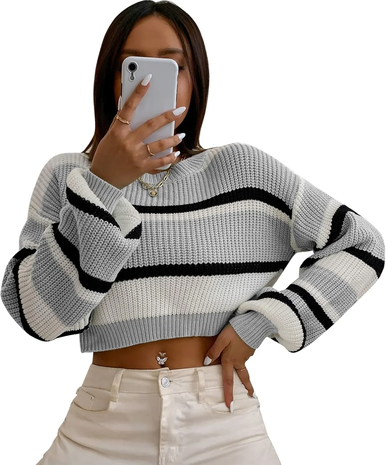 ZAFUL Women's Color Block Striped Sweater Crew Neck Lantern Sleeve Cropped Sweaters Casual Loose Knitted Tops
