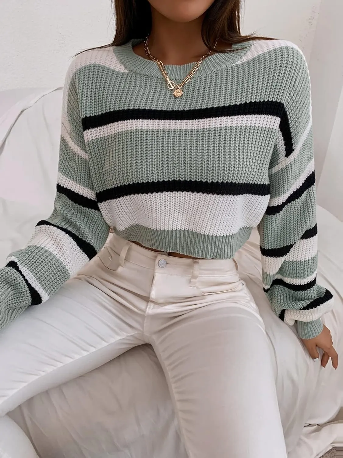 ZAFUL Women's Color Block Striped Sweater Crew Neck Lantern Sleeve Cropped Sweaters Casual Loose Knitted Tops