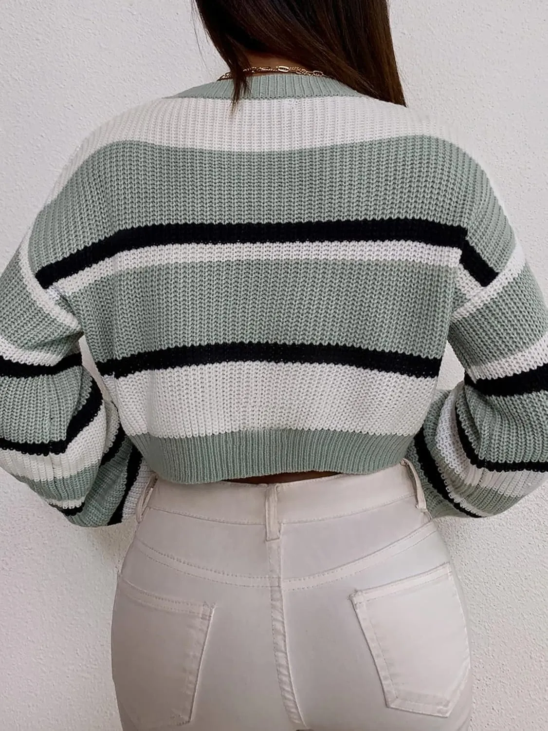 ZAFUL Women's Color Block Striped Sweater Crew Neck Lantern Sleeve Cropped Sweaters Casual Loose Knitted Tops
