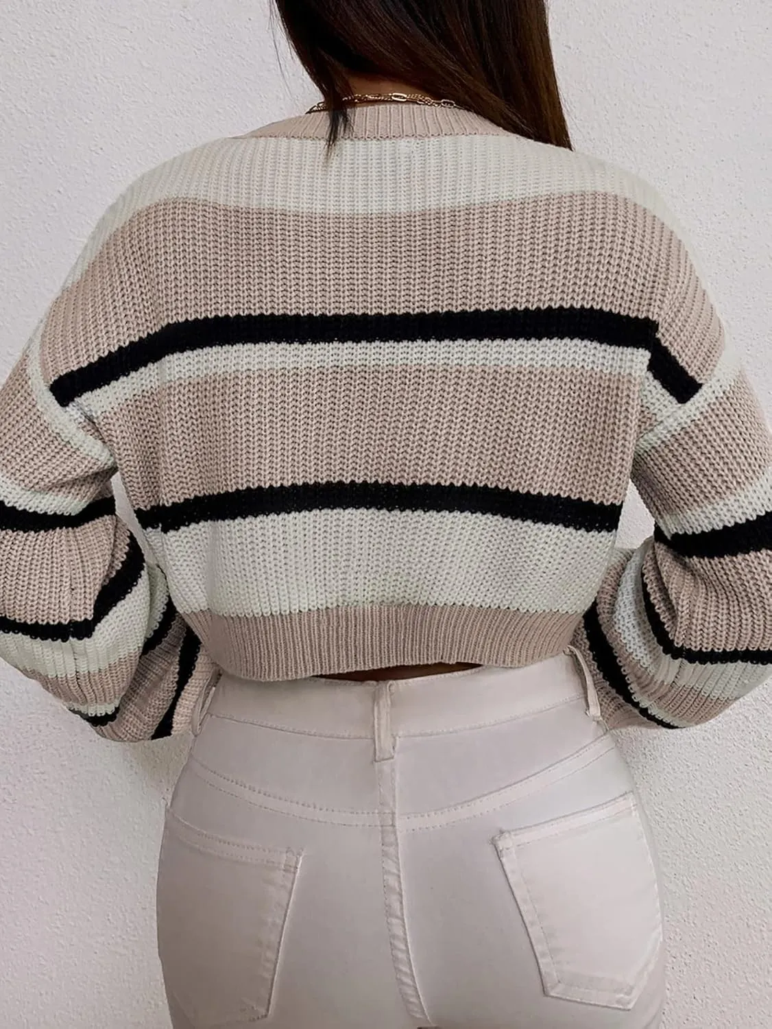 ZAFUL Women's Color Block Striped Sweater Crew Neck Lantern Sleeve Cropped Sweaters Casual Loose Knitted Tops